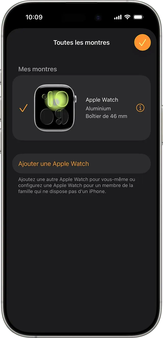 Écran Toutes les montres dans l'app Watch sur iPhone pour déjumeler une Apple Watch