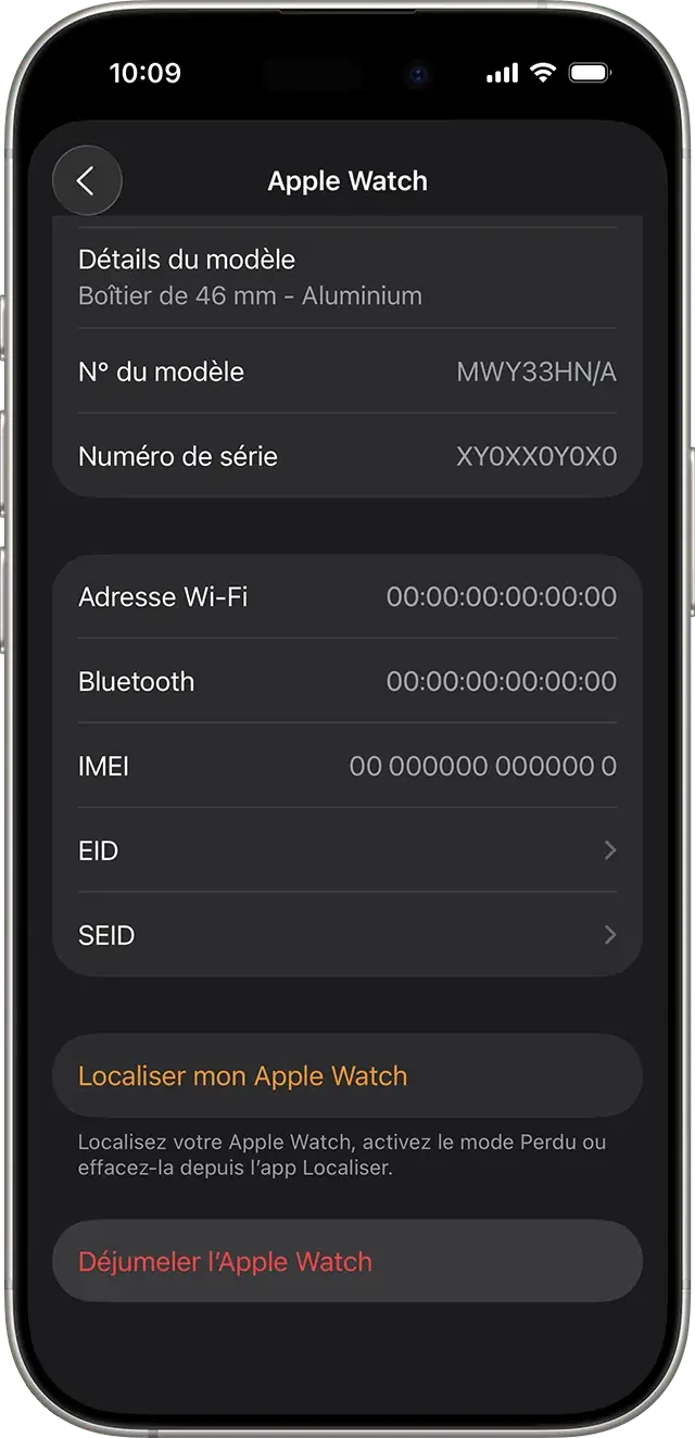 Option Déjumeler l'Apple Watch affichée dans l'app Watch sur iPhone