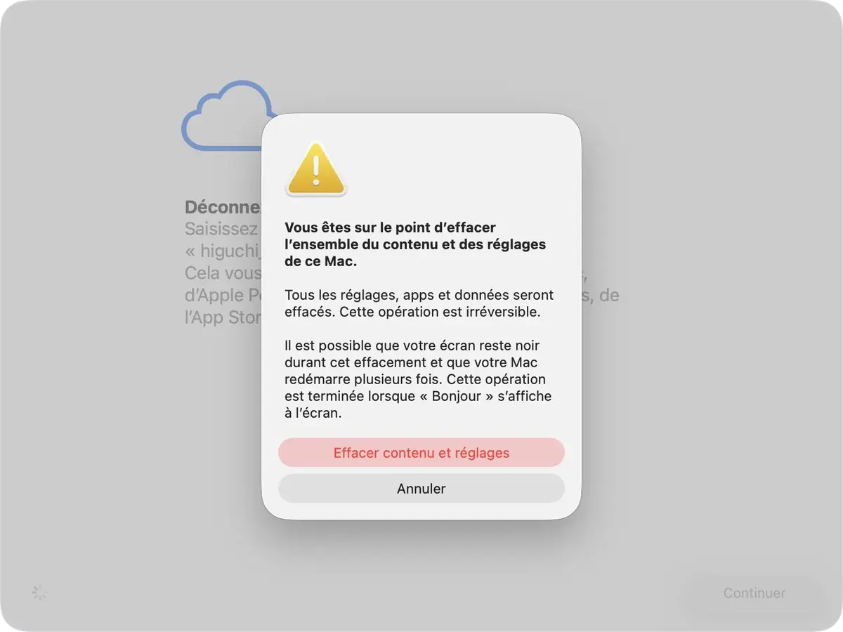 Fenêtre Effacer contenu et réglages sur macOS dans Réglages Système Général Transférer ou réinitialiser