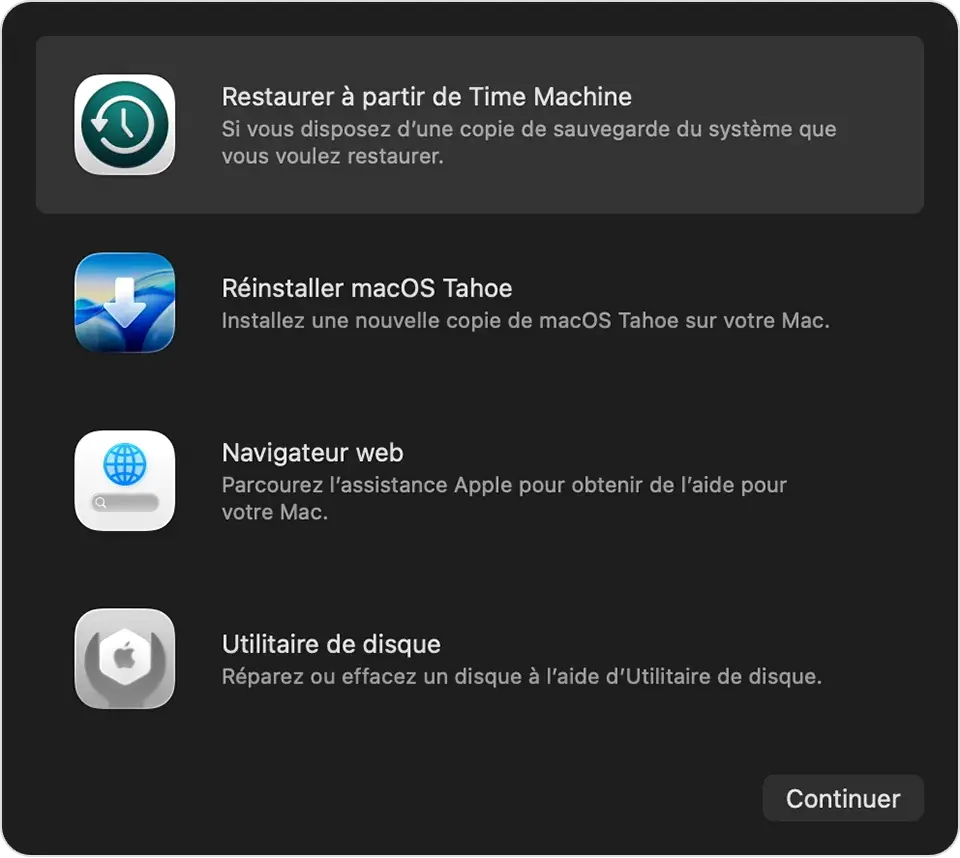 Fenêtre Utilitaires macOS en mode Récupération avec Utilitaire de disque, Réinstaller macOS et Safari