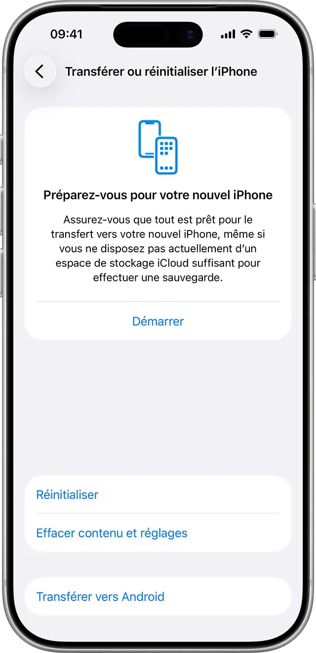 Menu Réglages > Général > Transférer ou réinitialiser l'iPhone sous iOS 26 avec l'option Effacer contenu et réglages (capture Apple Support)