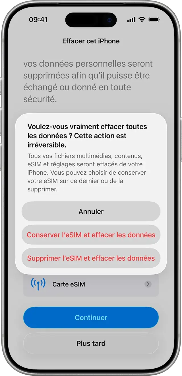 Boîte de dialogue iOS proposant de conserver ou supprimer l'eSIM lors de l'effacement de l'iPhone (capture Apple Support)