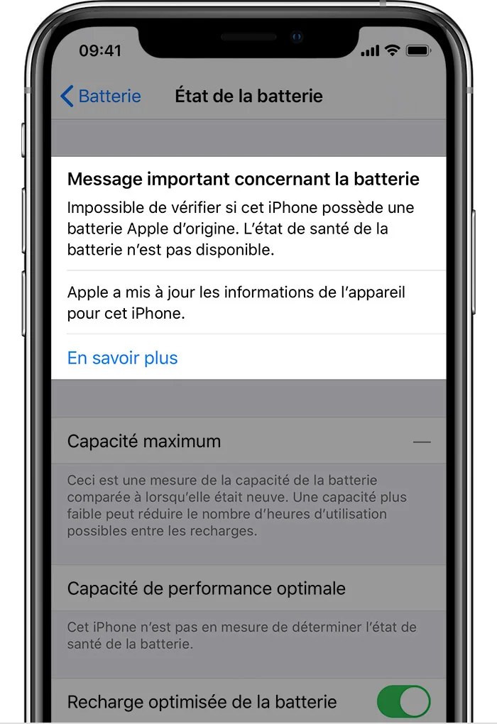 Message d'erreur sur la batterie d'un iphone reconditionné